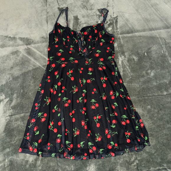 Cherry Print Mini Milkmaid Black Dress Women's Size S/M Casual Preppy - Picture 7 of 7